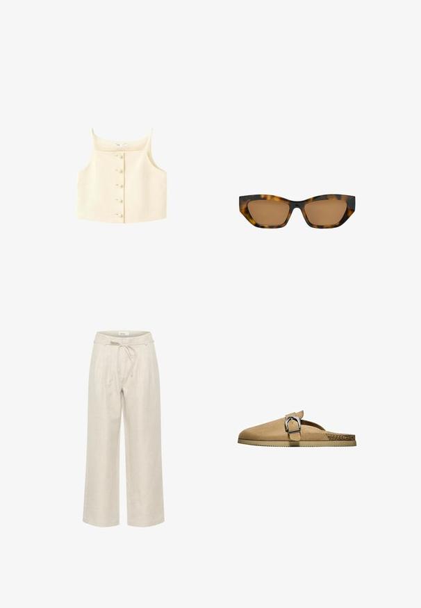 Beige cropped top med firkantet udskæring, tynde skulderstropper og fem knyttede knapper foran.; Beige linned brede bukser med elastisk talje og frontfolder, i en glat tekstur og ankellængde.; Beige ruskind slip-on mule med en stor sølv spænde-rem og en korksål med rillede gummiydersål.; Rektangulære skildpaddemønstrede solbriller med let katteøjeformede brune tonede linser og en blank finish.