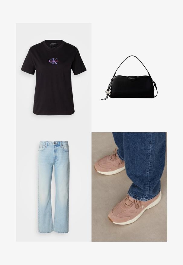 Camiseta de algodón negra con cuello redondo. Presenta un logo frontal en púrpura y rojo. Mangas cortas con un corte relajado.; Vaqueros de pierna ancha azul claro confeccionados en denim, con un diseño clásico de cinco bolsillos y una sutil textura deslavada. La costura del denim es visible.; Zapatillas deportivas de un rosa claro con una parte superior de ante texturizado, que presentan una suela blanca y un branding sutil, combinadas con jeans de mezclilla azul oscuro.; Bolso rectangular negro de Calvin Klein con una única correa superior, dije con el logo plateado y un pequeño cierre de solapa en la parte frontal.
