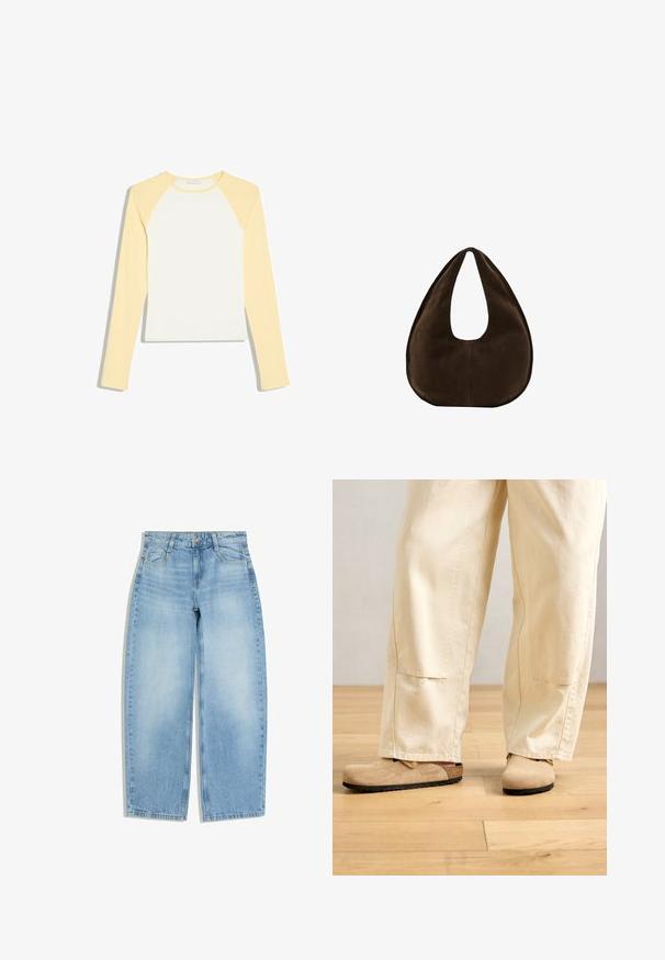 Chemise à manches longues avec corps blanc et manches raglan jaune clair ainsi qu'un col, affichée à plat sur fond blanc.; Jean large bleu clair avec poches avant, passants pour ceinture et fermeture par bouton sur fond blanc.; Pantalons larges beiges portés avec des sabots en suède tan de style Birkenstock sur un sol en bois clair.; Sac à main en daim marron foncé en forme de croissant avec une seule sangle large et une texture lisse sur fond blanc.