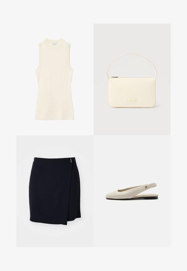 Top sans manches en maille côtelée crème avec col rond montant et silhouette ajustée.; Jupe mini enveloppante marine en tissu lisse avec une fente sur le côté et un petit accent métallique à la taille. Design épuré et minimaliste.; Chaussure plate slingback en cuir couleur crème avec un bout arrondi et un petit emblème doré sur la bride.; Sac à main rectangulaire de couleur crème avec une seule sangle et une fermeture éclair sur le dessus, comportant une petite plaque de logo embossé à l'avant.