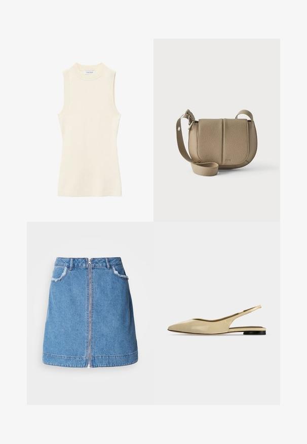 Ärmelloses cremefarbenes, gerippt gestricktes Top mit hohem Rundhalsausschnitt und figurbetonter Silhouette.; Hellblauer Denim-Rock mit einem Frontreißverschluss, ausgefransten Taschenrändern und einem geraden Schnitt. Der Saum ist leicht geschwungen.; Beiger Slingback-Ballerina mit spitzer Kappe, niedrigem schwarzem Absatz und glattem Lederfinish, seitlich auf einfarbigem Hintergrund gezeigt.; Kleine beige strukturierte Leder-Umhängetasche mit Klappverschluss und verstellbarem Riemen vor einem schlichten hellen Hintergrund.