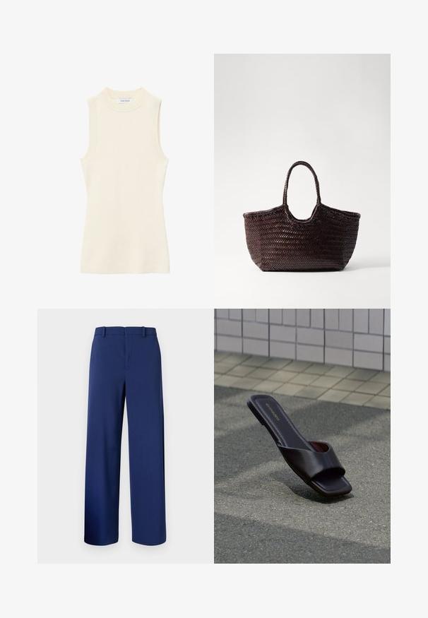 Top sans manches en maille côtelée crème avec col rond montant et silhouette ajustée.; Pantalons taillés bleu marine, en tissu lisse, présentant un design à jambe droite, des passants de ceinture et une fermeture éclair à l'avant avec un crochet.; Sandale slide marron foncé à bout carré et large bride, posée sur un goudron gris près d'un trottoir carrelé.; Sac fourre-tout tissé marron avec un sommet arrondi et deux poignées. Présente un motif texturé avec une structure large et ouverte pour un accès facile.
