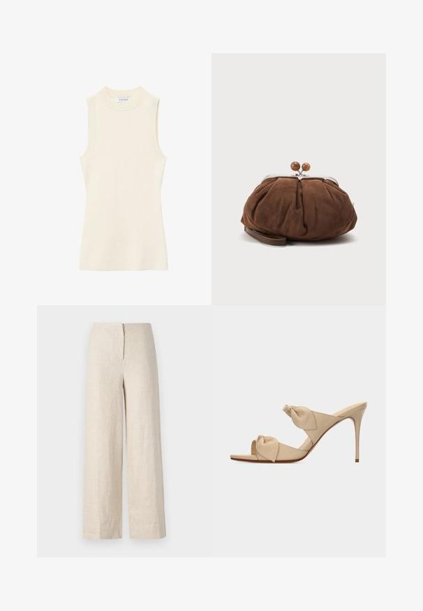 Top sin mangas de punto canalé crema con cuello alto redondo y silueta ajustada.; Pantalones de lino beige de pierna ancha con cintura alta y cremallera oculta en la parte posterior. Textura suave y tejido transpirable.; Sandalia mule de tacón alto color beige con dos tiras nudo retorcidas y tacón stiletto delgado sobre fondo blanco.; Bolso de mano marrón suave de ante con marco metálico plateado y bolas redondas marrones como cierre sobre un fondo claro y sencillo.
