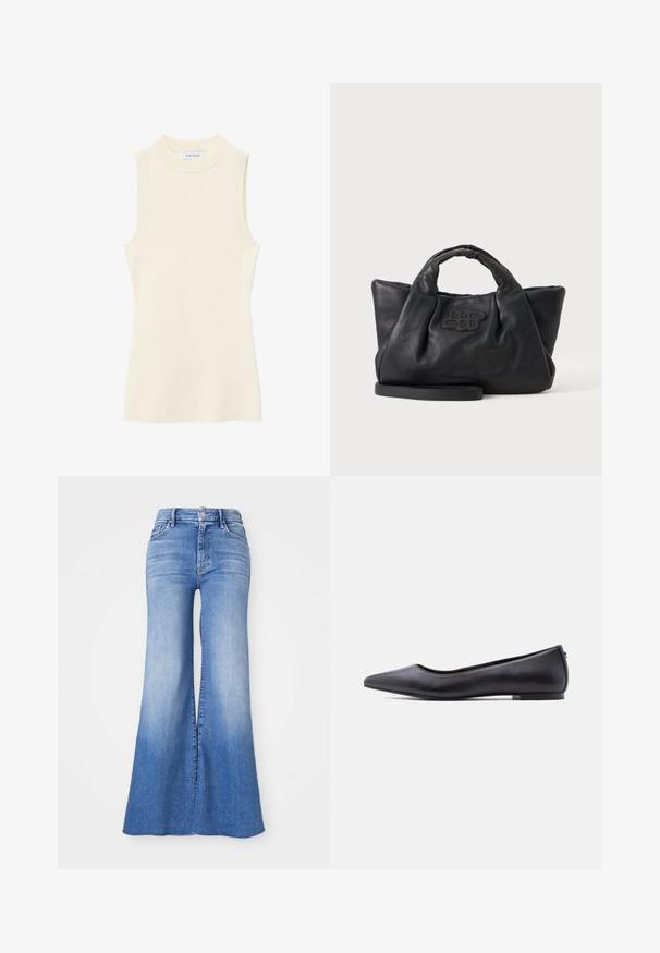 Top sans manches en maille côtelée crème avec col rond montant et silhouette ajustée.; Jeans en denim évasés dans un lavage bleu clair, avec une taille haute, des jambes larges distinctives et un léger dégradé vers l'ourlet. Fermeture par bouton et zip.; Chaussure plate en cuir noire à bout pointu avec petit talon, vue de profil sur fond blanc.; Sac à main en cuir souple noir avec de courtes poignées, une bandoulière amovible et un logo cousu à l'avant, sur un fond uni clair.