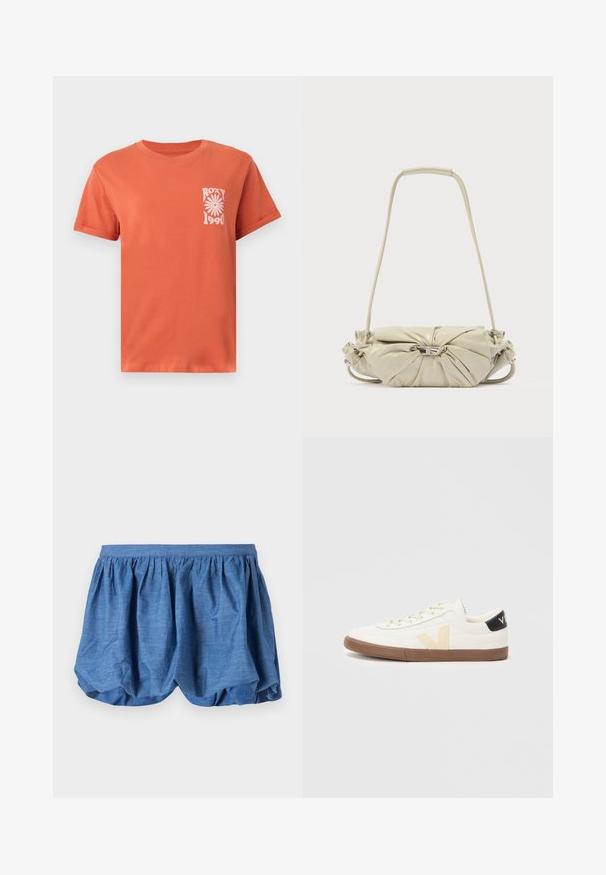 Orange kortærmet T-shirt med lille hvid blomstergrafik og teksten "Roxy 1990" på venstre bryst.; Blå, letvægts shorts med en samlet elastisk talje og et blødt, tekstureret design. Har en blød stoffinish med en afslappet pasform.; Hvide sneakers lavet af glat syntetisk materiale, med et beige V-logo, lysbrun gummisål og sorte hælaccenter.; Beige skuldertaske i læder med samlet design og sølv spænde, der har en lang rem og polstret håndtag.