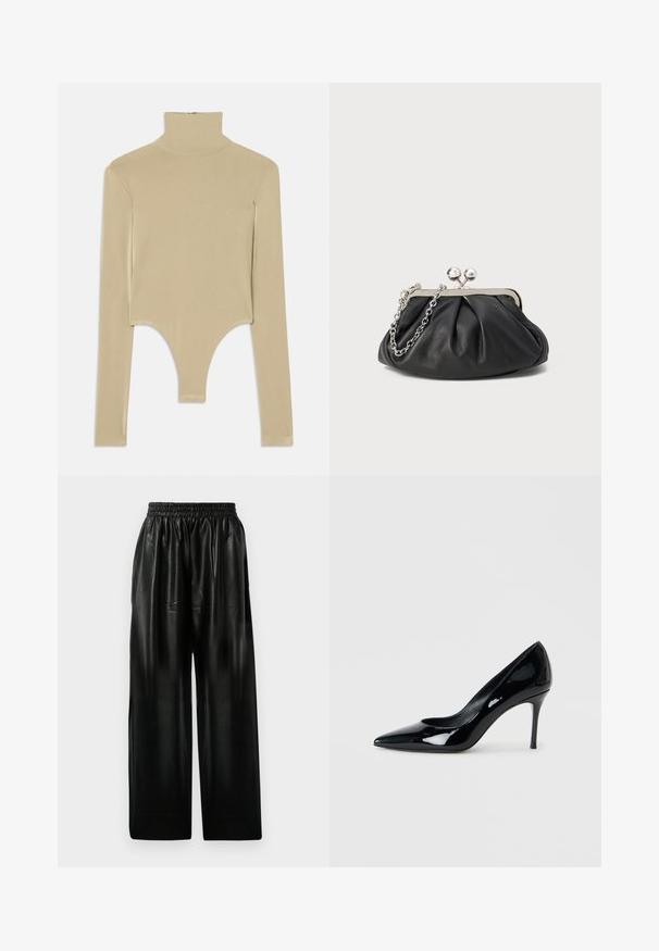Beige langærmet turtleneck top i glat stof, med en udskåret bund, der har en tætsiddende facon og minimalisk design.; Sorte læder brede bukser med elastisk talje, der har to sidelommer og en glat, blank overflade.; Sorte patenterede lædersko med spids tå og en slank stilethæl. Glat tekstur med en blank finish og et minimalistisk design.; Sort læder clutch med samlet tekstur, sølvfarvet metalramme, kys-lås lukning og kædestrop. Glat, blød overflade.