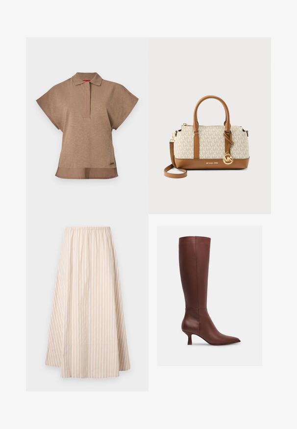 Polo marron à manches courtes avec col, patte de boutonnage avant et ourlet arrière légèrement plus long.; Jupe beige en ligne A avec des rayures verticales blanches, taille élastique et longueur genou à mi-mollet.; Botte en cuir marron montant jusqu'au genou, avec un bout pointu et un talon effilé. Texture lisse sans motifs visibles ni accents en métal.; Sac à main Michael Kors beige et marron avec double poignée, bandoulière détachable, charm logo MK doré et motif MK répété.