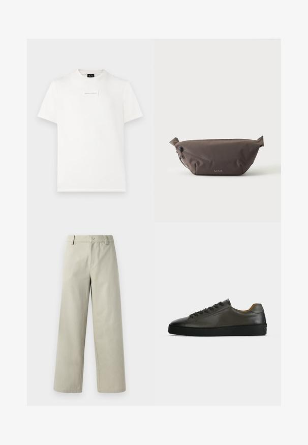 Biely tričko s krátkym rukávom Armani Exchange s malou obdĺžnikovou nášivkou na hrudi a čiernou nálepkou na golieri.; Han Kjøbenhavn WIDE LEG - Nohavice - light grey; Nízky tmavosivý kožený teniska s čiernymi šnúrkami a podrážkou, minimalistický dizajn, bočný profil na jednoduchom svetlom pozadí.; Tmavohnedá látková ľadvinka s diagonálnym zipsovým vreckom a malým bielym logom vpredu, na jednofarebnom svetlom pozadí.