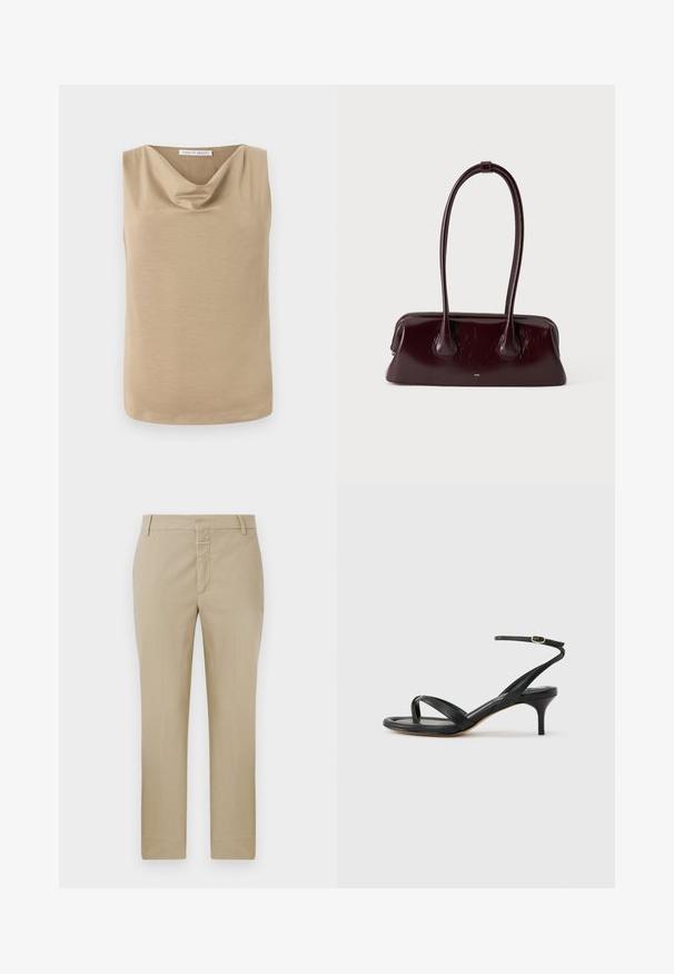 Blusa sin mangas beige con escote drapeado y dobladillo recto, fabricada en tela suave, con etiqueta de Tiger of Sweden en el interior del cuello.; Pantalones beige de corte recto, confeccionados en una tela lisa. Cuentan con una cremallera en la bragueta y passantes para cinturón; con costuras mínimas y sin patrones visibles.; Sandalia negra de cuero para mujer con tiras finas, un lazo para el dedo del pie, hebilla en el tobillo y tacón de aguja de altura media sobre un fondo neutro.; Bolso de mano de cuero marrón oscuro brillante con asas largas y finas y una base rectangular estructurada sobre un fondo claro y liso.