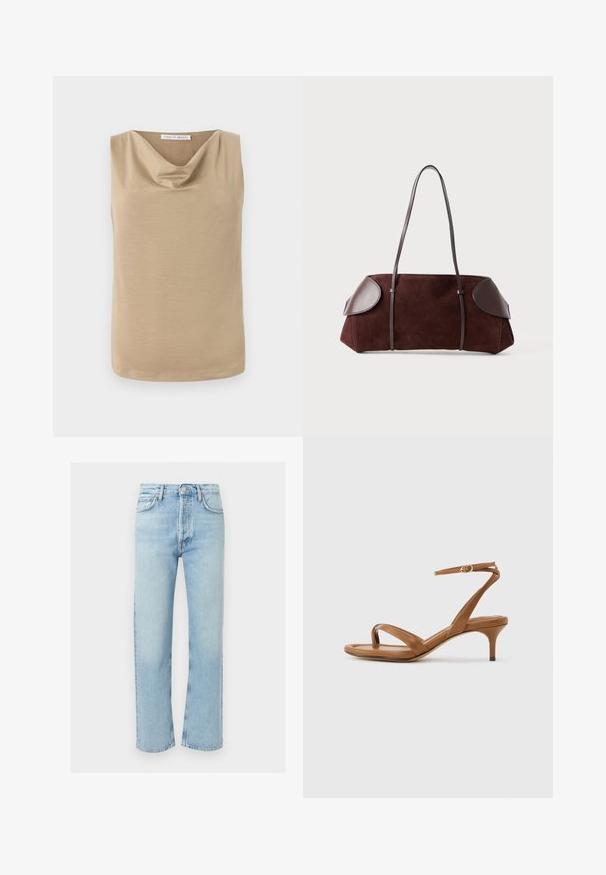 Beige ärmellose Bluse mit drapiertem Ausschnitt und geradem Saum, aus glattem Stoff, mit Tiger of Sweden Etikett am Innenkragen.; Hellblaue Jeans mit geradem Bein, vorn mit Knopf- und Reißverschluss, fünf Taschen und kontrastierenden Nähten.; Braune Leder-Riemchensandale mit niedrigem Kitten-Heel und einem Knöchelriemen mit kleiner Schnalle, seitlich auf neutralem Hintergrund dargestellt.; Braune Wildledertasche mit Lederakzenten, strukturiertem Design, doppelten Schulterriemen und abgerundeten Kanten, ausgestattet mit einer glatten Textur und minimalem Hardware.