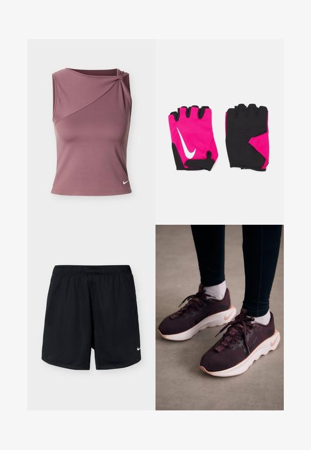 Ærmeløs mauve atletictop med asymmetrisk halsudskæring og lille hvid Nike-logo på nederste venstre side.; Sorte Nike-sportsshorts med elastisk linning og lille hvid Nike-logo på det nederste højre ben, vist på en ensartet lys baggrund.; Mørkerøde sportssko med en tekstureret strikoverdel, hvid sål og sort Nike-logo. Har runde snørebånd og mønstrede snørehuller.; Korte lyserøde handsker med sorte accenter, der har et hvidt Nike-logo, polstrede håndflader og fingerløst design for bedre greb og fleksibilitet.