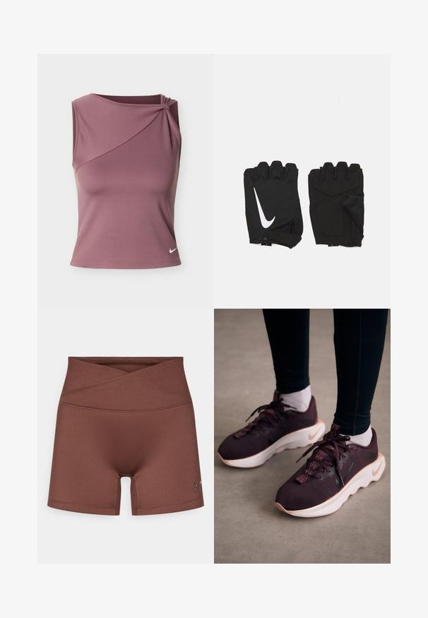 Top deportivo sin mangas color malva con escote asimétrico y pequeño logo blanco de Nike en el lado inferior izquierdo.; Pantalones cortos deportivos marrones con una cinturilla alta y diseño cruzado en el frente. Hechos de un material suave y elástico. Presentan un pequeño logo en el lateral.; Zapatillas deportivas color granate con parte superior de tejido texturizado, suela blanca y logo de Nike en negro. Presentan cordones redondos y ojales de cordón estampados.; Guantes de gimnasio sin dedos en color negro, hechos de un tejido transpirable, con un logo de Nike blanco, palmas acolchadas y un diseño de muñeca abierta para mayor flexibilidad.