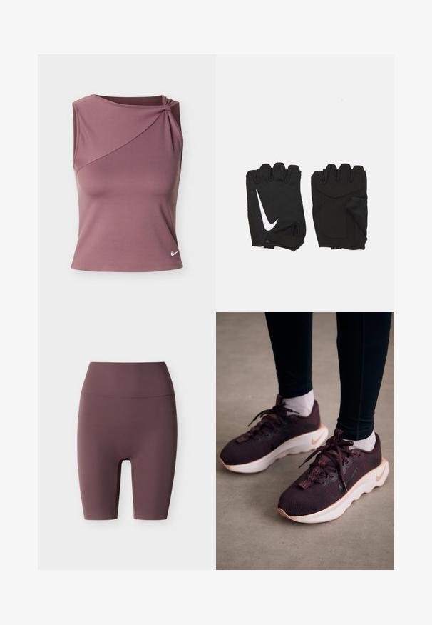 Mouwloos mauve sporttopje met asymmetrische halslijn en klein wit Nike-logo aan de onderkant aan de linkerkant.; Fietsbroek met hoge taille in diep bordeauxrood, gemaakt van rekbare stof. Heeft een gladde textuur en geen zichtbare naden voor een strakke uitstraling.; Bordeauxrode sportschoenen met een gewoven bovenwerk, witte zool en zwart Nike-logo. Voorzien van ronde veters en patroonvormige veterlussen.; Zwarte vingerloze fitnesshandschoenen van ademend materiaal, met een wit Nike-logo, gevoerde handpalmen en een open polsontwerp voor flexibiliteit.