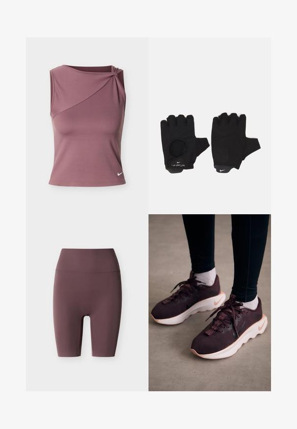 Mouwloos mauve sporttopje met asymmetrische halslijn en klein wit Nike-logo aan de onderkant aan de linkerkant.; Fietsbroek met hoge taille in diep bordeauxrood, gemaakt van rekbare stof. Heeft een gladde textuur en geen zichtbare naden voor een strakke uitstraling.; Bordeauxrode sportschoenen met een gewoven bovenwerk, witte zool en zwart Nike-logo. Voorzien van ronde veters en patroonvormige veterlussen.; Zwarte vingerloze handschoenen met een gestructureerd ontwerp. Gemaakt van een ademend materiaal, met een duimopening en versterkte palm voor grip.