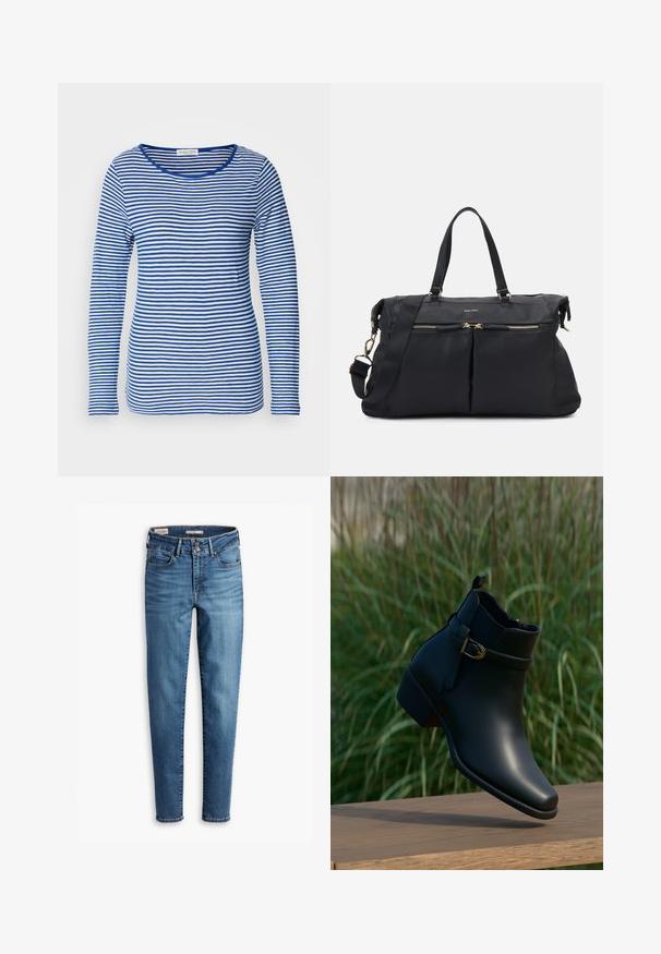 Langarmshirt mit Rundhalsausschnitt, das abwechselnd blaue und weiße horizontale Streifen aufweist. Hergestellt aus weichem, leichtem Stoff.; Hochtaillierte, schmale Jeans aus hellblauem Denim. Verfügt über fünf Taschen, einen vorderen Knopfverschluss und klassische Nähdetails.; Schwarze Leder-Stiefelette mit einem goldenen Schnallenriemen, leicht erhöht über einer Holzoberfläche, mit grünem Gras im Hintergrund.; Schwarze Handtasche aus strukturiertem Material, mit einer Reißverschluss-Fronttasche, zwei oberen Griffen und einem verstellbaren Schultergurt. Goldene Hardware-Akzente.