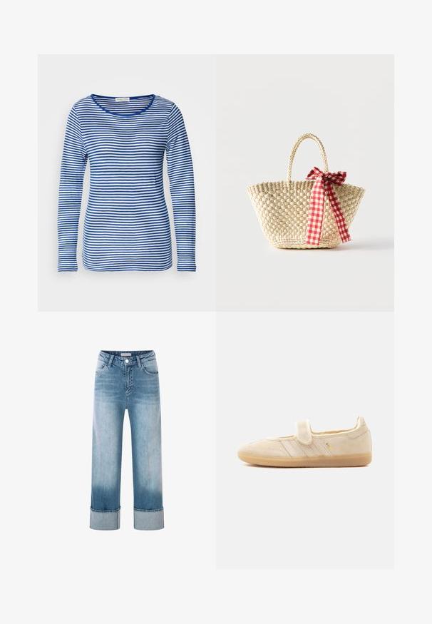 Langsleeve shirt met een ronde hals, met afwisselend blauwe en witte horizontale strepen. Gemaakt van zachte, lichte stof.; Lichtblauwe denim jeans met een hoge taille, wijde pijpen en opgerolde boorden. Voorzien van een klassiek vijf-pocket ontwerp en koperen hardwaredetails.; Beige suède Mary Jane sneaker met klittenbandsluiting, rubberen zool, drie gestikte strepen en gouden "SAMBA"-branding aan de zijkant.; Gevlochten strooien tas met gevlochten handvatten en een rood-wit geruit lint dat aan één zijde in een strik is gebonden.