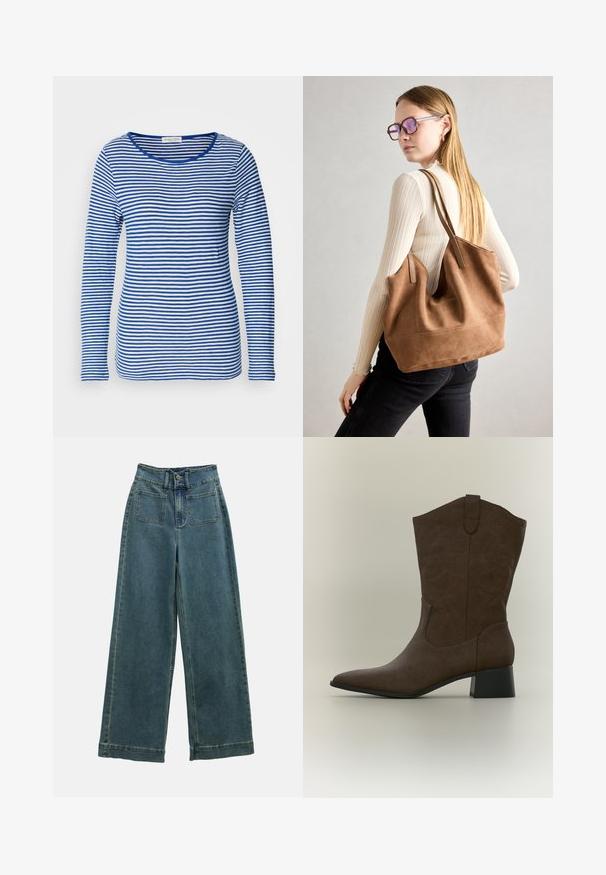 Langarmshirt mit Rundhalsausschnitt, das abwechselnd blaue und weiße horizontale Streifen aufweist. Hergestellt aus weichem, leichtem Stoff.; Weite Jeanshose in verblasstem Blau mit hoher Taille, zwei Fronttaschen und klassischem Knopfverschluss. Der Stoff hat eine weiche, glatte Textur.; Brauner Wildleder-Westernstiefel bis zur Mitte der Wade mit spitzer Zehenpartie, subtil besticktem Muster, Zuglasche und niedrigem Blockabsatz auf hellem Hintergrund.; Braune Wildleder-Tasche mit weicher Textur, großer Öffnung und langen Trägern. Sie verfügt über ein simples Design mit sichtbarem Stich und ohne Beschläge.