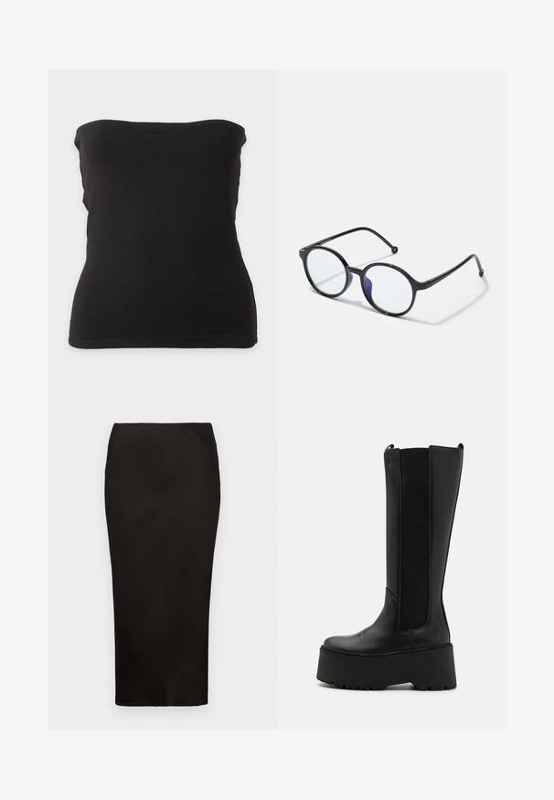 Haut tube noir sans bretelles avec une silhouette ajustée et une texture de tissu simple et lisse.; Jupe crayon noire, longueur genoux, en tissu lisse avec une taille élastique, présentant un design simple et minimaliste sans matériaux visibles.; Botte noire montante en cuir lisse, avec des panneaux latéraux élastiques et une semelle épaisse à plateforme dotée d'un fond profilé.; Lunettes noires rondes avec des montures fines, verres transparents et une légère teinte violette d'un côté ; design épuré avec une finition polie.