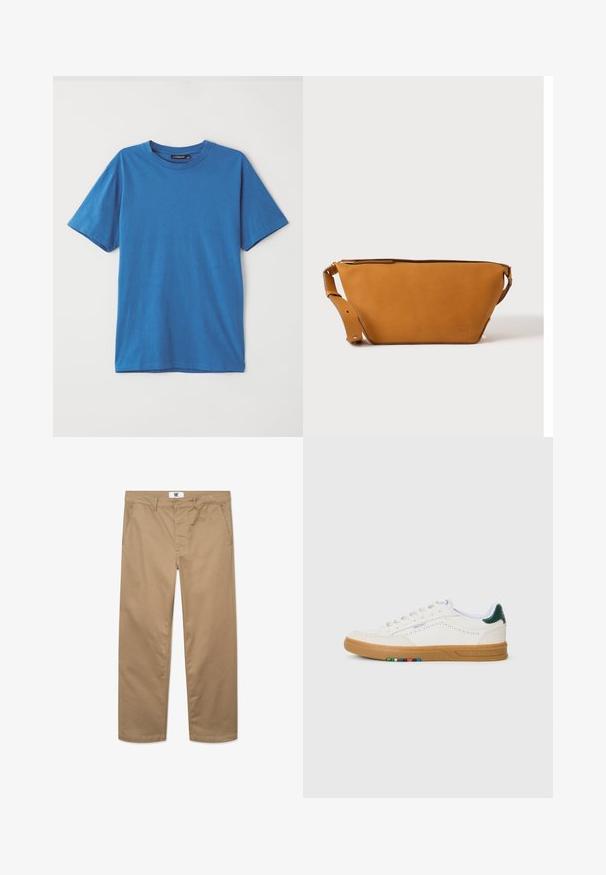 Camiseta de algodón azul con mangas cortas, cuello redondo y una textura suave. Sin patrones ni acentos. Diseño simple y clásico.; Pantalones de algodón caqui con un diseño de pierna recta, que cuentan con un cierre de un botón, pasadores para cinturón y dos bolsillos laterales. Textura suave.; Zapatilla blanca de cuero con diseño perforado, suela de goma, acento verde en el talón y detalle de rayas coloridas en el lateral.; Bolso bandolera de cuero marrón claro con correa ajustable y cierre de cremallera, mostrado sobre un fondo claro y liso.