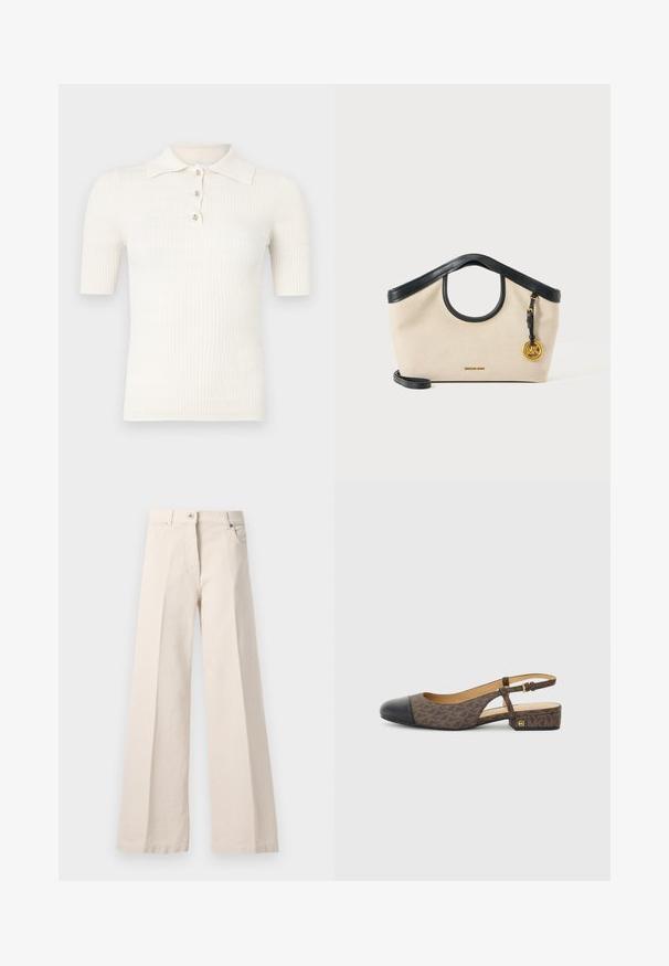 Roomkleurig geribd poloshirt met korte mouwen, voorzien van een platte kraag en drie decoratieve knopen bij de halslijn. Soepele textuur.; Beige hoge taille brede pijpen met een voorste knoop, rits, ceintuurlussen en zijzakken op een lichte achtergrond.; Slingback schoen met een bruine gestreepte stoffen bovenkant en een zwarte leren neus. Heeft een kleine blokhak en een gespstrap.; Beige stoffen handtas met zwarte leren afwerking, ronde handgreep uitsnede, zwarte band en gouden ronde MK-logo bedel aan de rechterkant.