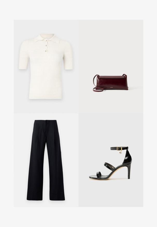 Polo crème côtelé à manches courtes, doté d'un col plat et de trois boutons décoratifs au niveau de l'encolure. Texture lisse.; Pantalon noir à rayures fines avec une coupe évasée, présentant des plis marqués et une finition soignée. Fabriqué à partir d'un tissu lisse et léger.; Sandale en cuir verni noir avec trois brides, boucle de cheville et talon aiguille de 10 cm. Présente un détail en métal doré et un charm logo.; Sac à bandoulière en cuir bordeaux avec une texture lisse, de forme rectangulaire, fermeture à rabat et une fine sangle réglable. Détail du logo doré visible.