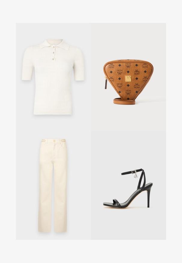 Kremfarvet ribbet polo med korte ærmer, der har en flad krave og tre dekorative knapper ved halsudskæringen. Glat tekstur.; Rabanne Jeans Straight Leg - off white denim; Sort hæl-sandal med smal ankrem, firkantet tå-boks, glat lædermateriale og metalspænde som pynt.; Brun trekantet lædertaske med sort MCM-logo, guldmetalmærke og lynlås på hvid baggrund.
