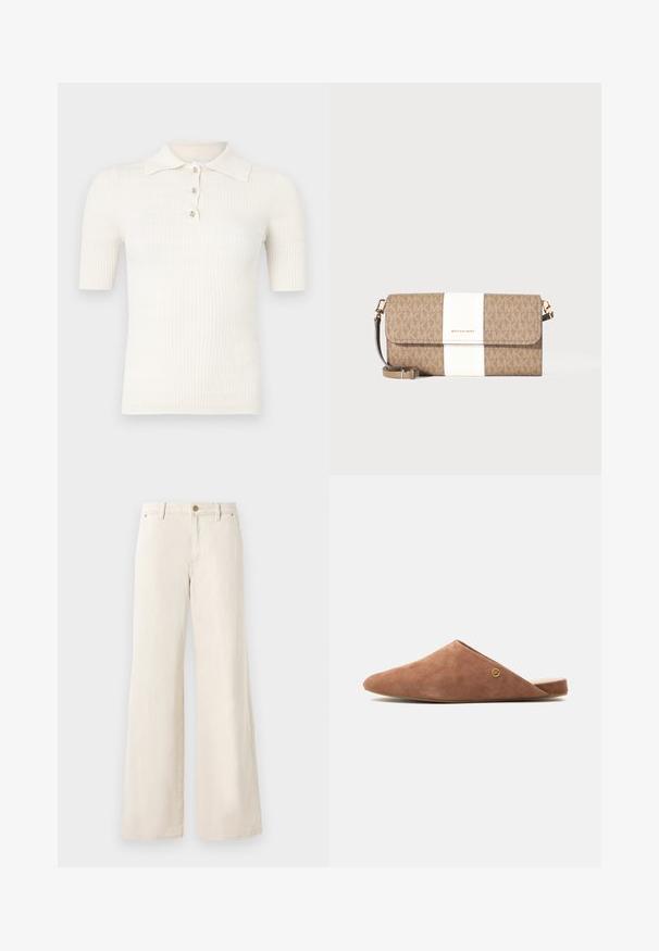 Polo crème côtelé à manches courtes, doté d'un col plat et de trois boutons décoratifs au niveau de l'encolure. Texture lisse.; Pantalons larges beiges en coton avec une texture lisse. Comprend une fermeture à bouton, des poches avant et un design de taille classique.; Mule marron en daim, à enfiler, avec un bout pointu, une semelle plate et un petit logo circulaire doré sur le côté, présentée sur un fond clair.; Pochette Michael Kors marron et beige avec une bande verticale blanche, un logo doré et une sangle de poignet amovible sur fond uni.