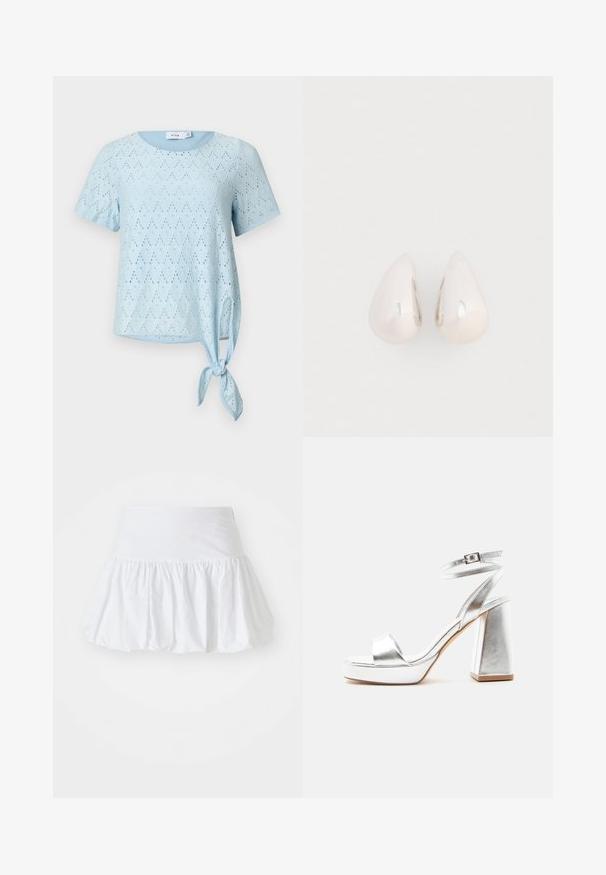 Haut bleu clair à manches courtes avec motif ajouré et encolure ronde, doté d'un détail noué sur le côté à l'ourlet.; Jupe évasée blanche fabriquée en tissu léger, avec un design froncé et une taille élastique pour le confort. Pas de motifs ni d'accents visibles.; Sandale à talon haut métallique argenté avec bride à la cheville, talon bloc et bout ouvert sur un fond clair uni.; Boucles d'oreilles en métal argenté en forme de goutte, avec une surface lisse et réfléchissante, présentant un design sans couture et sans embellissements visibles.