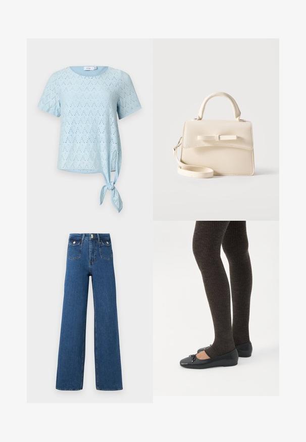Lyseblå top med korte ærmer, hulsøm og rund halsudskæring, med en detalje af bindebånd i siden ved kanten.; Bredde ben jeans lavet af mørk denim. Har to forlommer og en knappelukning. Glat tekstur med synlige sømme og struktureret form.; Ben iført mørke ribbede leggings kombineret med sorte balletsko med små sløjfedetaljer på hvid baggrund.; Lille beige håndtaske med top-håndtag, aftagelig rem, forreste klap og dekorativ vandret sløjfe på en ensfarvet baggrund.
