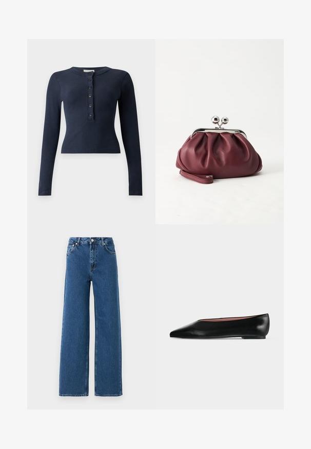 Haut côtelé bleu marine à manches longues avec encolure ronde et six boutons noirs au centre devant.; Jeans larges taille haute bleus avec bouton et fermeture éclair à l'avant, poches avant et passants de ceinture sur un fond blanc.; Chaussure plate en cuir noir pour femme, avec bout pointu et petit talon, vue de côté sur un fond gris clair uni.; Petit sac pochette en cuir bordeaux avec fermoir métallique argenté et bracelet sur fond blanc.