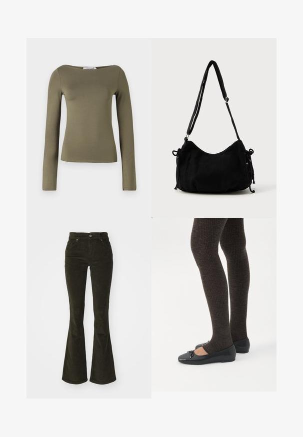 Top verde oliva de manga larga con un diseño ajustado, hecho de una tela suave y elástica con un escote ancho y costuras mínimas.; Pantalones de pana acampanados en verde oscuro. Presentan bolsillos frontales, cierre de botón y una tela suave y texturizada con un patrón acanalado.; Piernas con leggings oscuros acanalados combinados con bailarinas negras que presentan pequeños detalles de lazo sobre un fondo blanco.; Bolso de hombro de pana negra con forma curva, correa ajustable y cierres de cordón en ambos lados para ajustar el tamaño.