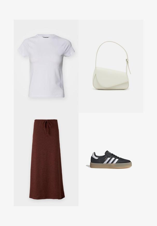 Noisy May NMKATINKA - Camiseta básica - bright white; Falda larga de punto marrón con cintura ajustable. Textura suave, diseño ligeramente acampanado y un color sólido sin patrones ni acentos.; Zapatilla deportiva de cuero negro con tres rayas plateadas, punta texturizada y suela de goma. Cuenta con un collar acolchado y un diseño con cordones.; Bolso de mano de imitación cuero blanco con una forma triangular estructurada, correa ajustable única y cierre con solapa acentuada en curva.