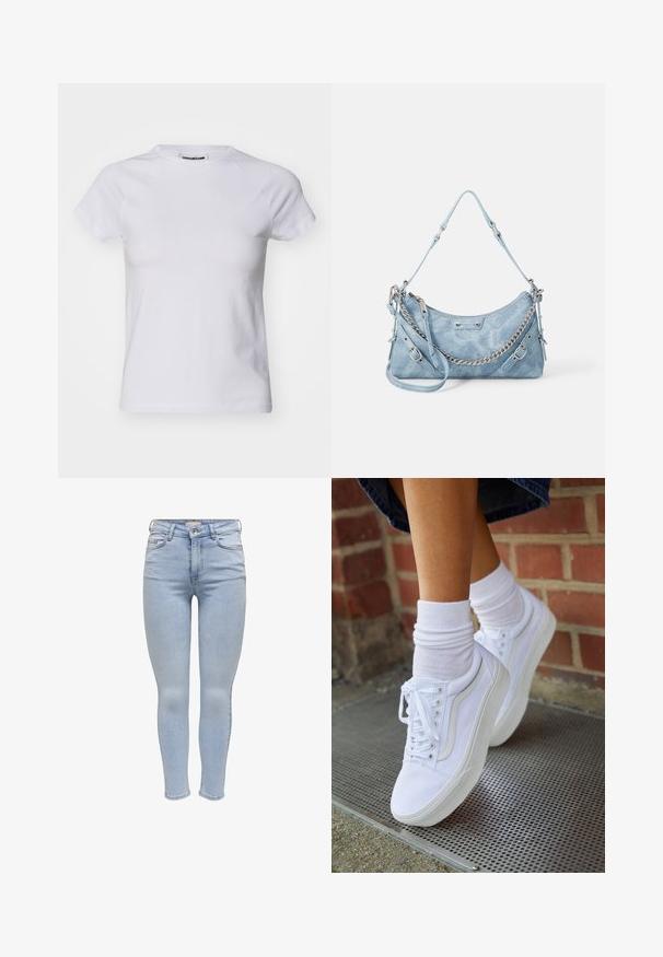 Noisy May NMKATINKA - Lihtne T-särk - bright white; Heledad sinised skinny teksad, mis on valmistatud denimist, viis taskut, tõmblukk ning sujuv tekstuur minimaalse kulumisega.; Valged kanvas tennisikud kummitaldadega, kuue silmaga, ümmarguse varbaga ja kergete tikandite detailidega, koos valgete pahkluusokkidega.; ALDO FARALAELIAX - Käekott - blue