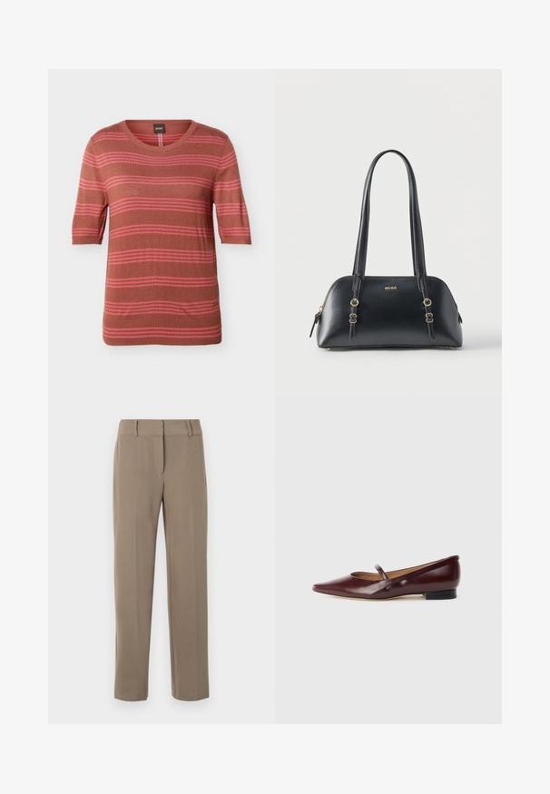 Jersey marrón de manga corta con rayas horizontales rosas, cuello redondo, puños y bajo acanalados, y pequeño logo bordado cerca del bajo.; Pantalones caqui de pierna recta con trabillas para cinturón y cierre frontal de cremallera sobre fondo blanco.; Zapato plano de charol burdeos con punta afilada y una cinta decorativa a lo largo del empeine. Cuenta con un tacón bajo negro.; Bolso de mano de cuero negro con detalles dorados, doble asa y logo "HUGO" en la parte frontal, sobre un fondo blanco liso.