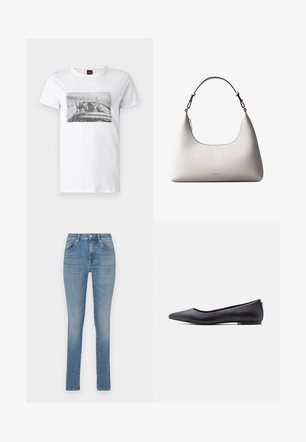 Hvid bomulds T-shirt med et sort-hvidt grafisk print på forsiden, der viser en scene med hævede hænder inde i et køretøj.; Lyseblå denim skinny jeans med en mellemhøj talje, fem lommer, diskret vask og et lige ben. Har knappål og lynlås lukning.; Sort flad lædersko med spidst tåparti og lav hæl, vist i sideprofil mod en hvid baggrund.; Cremefarvet skuldertaske i læder fra Calvin Klein med buet topkant, sølvfarvet lynlås og mørkebrun justerbar rem.