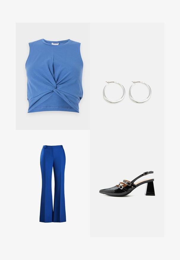 Top corto sin mangas azul con un diseño frontal de nudo. Confeccionado en una tela suave y elástica con una textura lisa. Escote redondo.; Pantalones azules acampanados hechos de tejido texturizado, con una cintura ajustada y detalle de plisado en la parte delantera, adecuados para ocasiones formales o informales.; Tacón slingback de charol negro con dos cintas delanteras con hebilla y un tacón grueso y acampanado de 6 cm sobre un fondo claro y liso.; Los pendientes de aro de plata presentan un diseño suave y redondeado con un perfil delgado y un cierre seguro. Estilo minimalista con un acabado pulido.