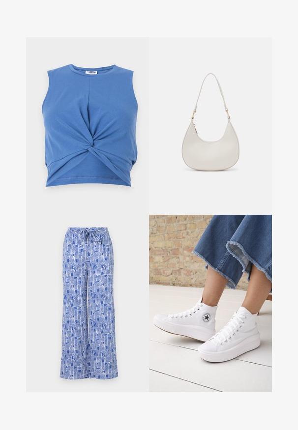 Blå ærmeløs crop top med knudedesign foran. Fremstillet af blødt, strækbart stof med en glat tekstur. Rund halsudskæring.; Blå mønstrede brede bukser med snøre i livet, lavet af letvægtsstof med hvide abstrakte linjemønstre.; Person iført hvide høje Converse-sneakers med tykke såler og beskårne blå jeans med flossede kanter mod en murstensvæg og hvidt gulv.; Cremefarvet læder skuldertaske med en halvmåneform, tynd rem og diskrete syninger. Minimalistisk design med hardware-accenter i guldton.