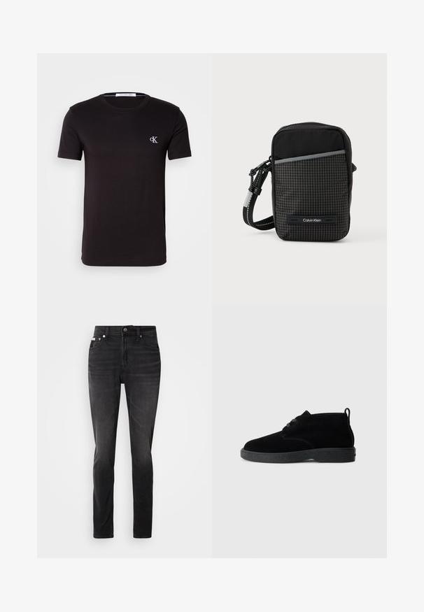 Schwarzes T-Shirt mit kurzen Ärmeln und Rundhalsausschnitt mit kleinem weißen "cK" Logo auf der linken Brust und Calvin Klein Jeans Label innen im Kragen.; Schwarze Jeans aus Denim mit schmaler Passform, fünf Taschen und Knopfverschluss. Mit einem subtilen Verblassen und Nähakzenten an den Taschen.; Schwarze Wildleder-Stiefeletten mit runder Zehenpartie, Schnürdesign, schwarzem Gummisohle und einem Zugband an der Rückseite für einfaches An- und Ausziehen.; Schwarze Umhängetasche mit einem karierten Muster, gefertigt aus strukturiertem Stoff. Verfügt über eine Vordertasche und ein Logo-Detail. Verstellbarer Gurt inklusive.