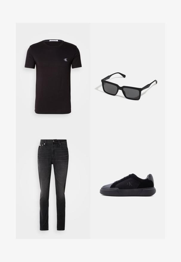 Schwarzes T-Shirt mit kurzen Ärmeln und Rundhalsausschnitt mit kleinem weißen "cK" Logo auf der linken Brust und Calvin Klein Jeans Label innen im Kragen.; Schwarze Jeans aus Denim mit schmaler Passform, fünf Taschen und Knopfverschluss. Mit einem subtilen Verblassen und Nähakzenten an den Taschen.; Schwarzer Sneaker in Low-Top-Design mit dicker Sohle, Schnürverschluss vorne und dezente "cK"-Logo auf der Seitenpaneele.; Schwarze Sonnenbrille mit rechteckigen Gläsern, mattem Finish, dickem Rahmen und schlanken Bügeln mit dezentem Branding-Detail.