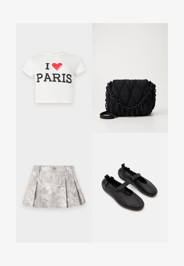 Valge puuvillast lühike t-särk lühikeste varrukatega, millel on julge must kiri "I LOVE PARIS" ja punane süda ning sõna "FUTURE" punases värvitoonis.; Hallide denim seelik plekkidega, millel on õrn lehe muster heledamates toonides. Klassikaline lõige vöökoht ja metallnuppudega kinnitamine.; Mustad nahast Mary Jane stiilis kingad, millel on elastne kand ja reguleeritav rihm, ees Puma logo.; Must mustriga kott musta kudumisega, millel on teemantpistetega muster, ja millel on paks kett, millel on tähekaunistused, mis kirjutavad "DIESEL".