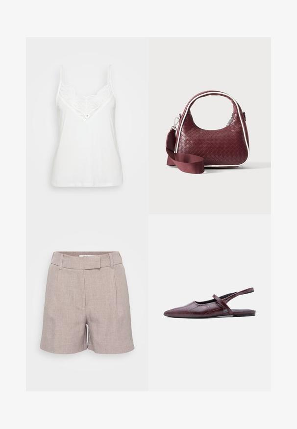 Hvid cami-top med tynde stropper, der har et blonde V-halsdesign og glat tekstur. Enkel, tætsiddende form uden yderligere mønstre.; Lysegrå linnedshorts med en struktureret overflade, der har en flad front, bæltestropper og sidelommer. Skræddersyet pasform med knælængde.; Bourgognefarvet læder flad slingback-sko med spids tå og tynd rem over vristen mod ensfarvet baggrund.; Mørkerød vævet lædertaske med buet hank, hvid kant, sølv lynlås og aftagelig bred stofskulderrem mod en ensfarvet baggrund.