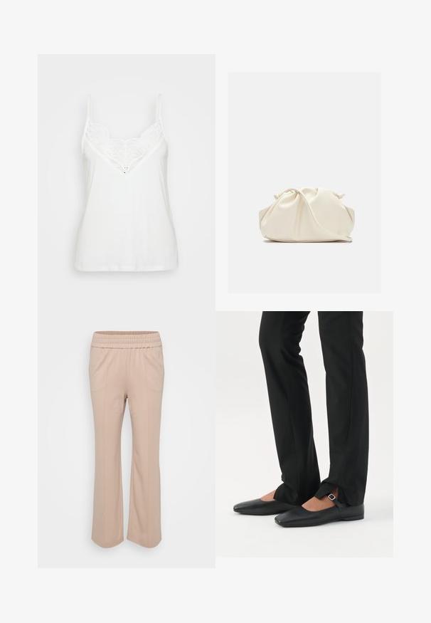 Hvid cami-top med tynde stropper, der har et blonde V-halsdesign og glat tekstur. Enkel, tætsiddende form uden yderligere mønstre.; Lys beige bukser med elastisk talje og afslappet pasform. Har lodrette sømme og et blødt, glat stof. Flared ben-design.; Ben iført sorte smalle bukser med forreste slidser ved kanten, parret med sorte flade Mary Jane-sko med lille spænde.; Blød, cremefarvet læder clutch taske med samlet, rynket design og en tynd skulderrem, der hviler foran på en ensfarvet baggrund.