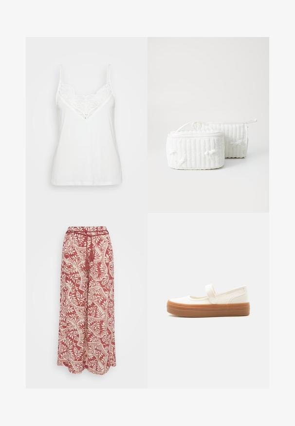 Hvid cami-top med tynde stropper, der har et blonde V-halsdesign og glat tekstur. Enkel, tætsiddende form uden yderligere mønstre.; Vero Moda Petite VMBALI WIDE PANTS - Bukser - marsala; Hvid lærreds-Mary Jane-sko med en tyk brun gummisål og en enkelt rem over vristen.; To hvide tekstil kosmetikpunge, den ene rektangulær med et bærehåndtag, som har ribbet tekstur og små sløjfer på siderne. Den anden er cylindrisk.
