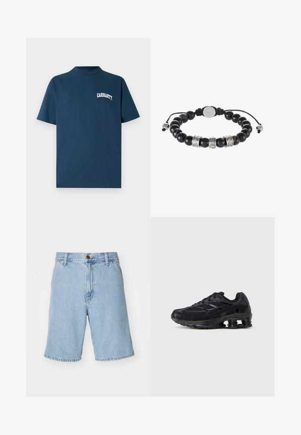 Námornícka modrá bavlnená tričko s krátkym rukávom a okrúhlym výstrihom. Na ľavej strane hrudníka je vytlačené biele logo "Carhartt".; Svetlomodré denimové šortky s voľným strihom, s praktickým zipsom, gombíkovým zapínaním a štyrmi vreckami. Tkanina má hladký povrch.; Čierna športová obuv s hornou časťou z mikrovlákna, polstrovaným golierom a výraznou tlmiacou technológiou na päte. Má textúrované detaily a šnúrky.; Čierny korálkový náramok so striebornými akcentmi, obsahujúci lesklé guľaté korálky a dekoratívne kovové prvky. Detail nastaviteľnej textilnej šnúrky.