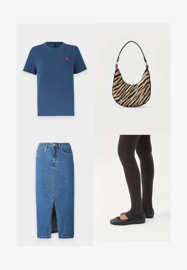 T-shirt bleu à manches courtes et col rond avec un petit emblème en forme de cœur rouge sur le côté gauche de la poitrine, sur un fond blanc uni.; Jupe midi en denim bleue. Elle présente une fente avant, une taille haute et un design à cinq poches. Coutures classiques et accents en métal.; Jambes portant des leggings côtelés foncés associés à des ballerines noires avec de petits détails en nœud sur fond blanc.; Sac à épaule en imprimé zèbre beige et noir avec un fond en courbe et une seule poignée noire, photographié sur un fond blanc uni.