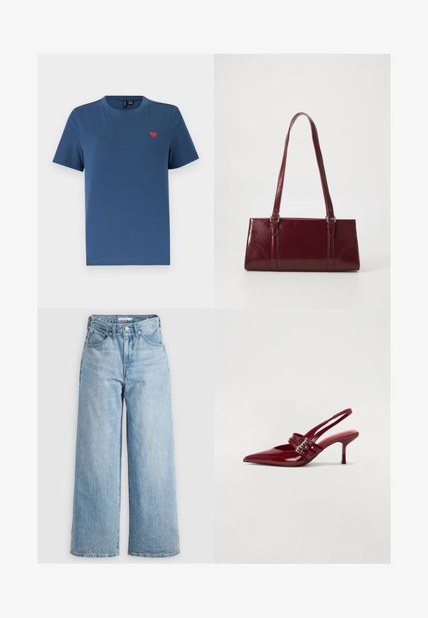 Camiseta azul de manga corta con cuello redondo y un pequeño emblema de corazón rojo en el lado izquierdo del pecho, sobre un fondo blanco liso.; Vaqueros de pierna ancha de color azul claro con una cintura alta, confeccionados en tejido de denimbre. Presentan un diseño clásico de cinco bolsillos y herrajes metálicos.; Zapatos de tacón tipo slingback en charol rojo con punta afilada, dos correas con hebilla y un tacón de stiletto delgado y de altura media. Textura suave.; Bolso burdeos hecho de material brillante, de forma rectangular, con dos asas para el hombro y sutiles acentos curvados en la parte frontal.