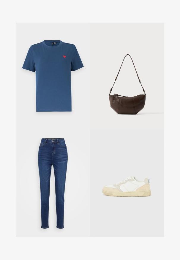 Blauw T-shirt met korte mouwen en ronde hals, met een klein rood hartembleem op de linkerborst, tegen een effen witte achtergrond.; Hogestraat, slim-fit jeans in donkerblauwe denim. Voorzien van vijf zakken, riemlussen en een knoopsluiting met subtiele vervaging langs de benen.; Witte en beige sneaker met een bovenwerk van suède en textiel, voorzien van contrasterende stiksels, een rubberen zool en een lichtblauwe accenten op de hiel.; Bruine leren schoudertas met een gebogen onderkant en een verstelbare riem tegen een effen lichte achtergrond.