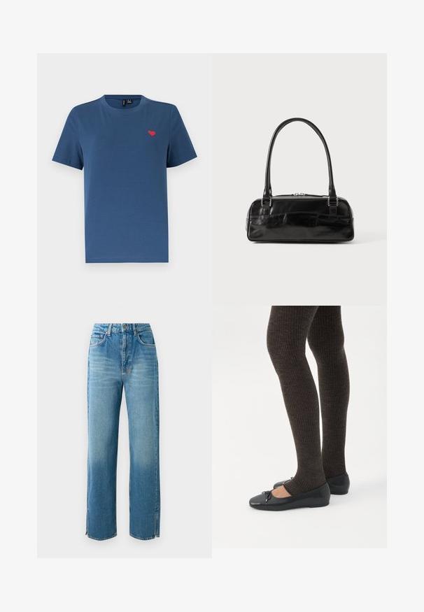 Blå kortærmet T-shirt med rund hals og et lille rødt hjerteemblem på venstre bryst mod en ensfarvet hvid baggrund.; Lys blå denim jeans med høj talje, lige ben og slidser i kanten. Har et traditionelt fem-lomme design og knaplukning.; Ben iført mørke ribbede leggings kombineret med sorte balletsko med små sløjfedetaljer på hvid baggrund.; Sort læderhåndtaske med rektangulær form, der har et enkelt struktureret håndtag, sølvhardware og lynlås-lukning. Glat tekstur.