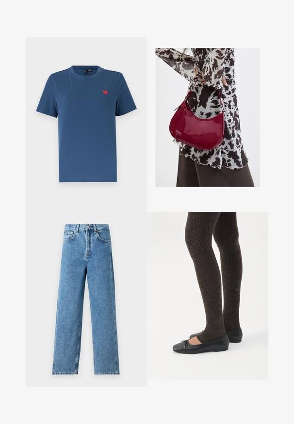 Blå kortærmet T-shirt med rund hals og et lille rødt hjerteemblem på venstre bryst mod en ensfarvet hvid baggrund.; Lysblå lige ben jeans lavet af denim, med høj talje, frontknaplukning og fem-lomme design med synlige sømme.; Ben iført mørke ribbede leggings kombineret med sorte balletsko med små sløjfedetaljer på hvid baggrund.; Kvinde iført en sort- og hvidmønstret bluse, der holder en blank rød skuldertaske mod en ensfarvet baggrund.