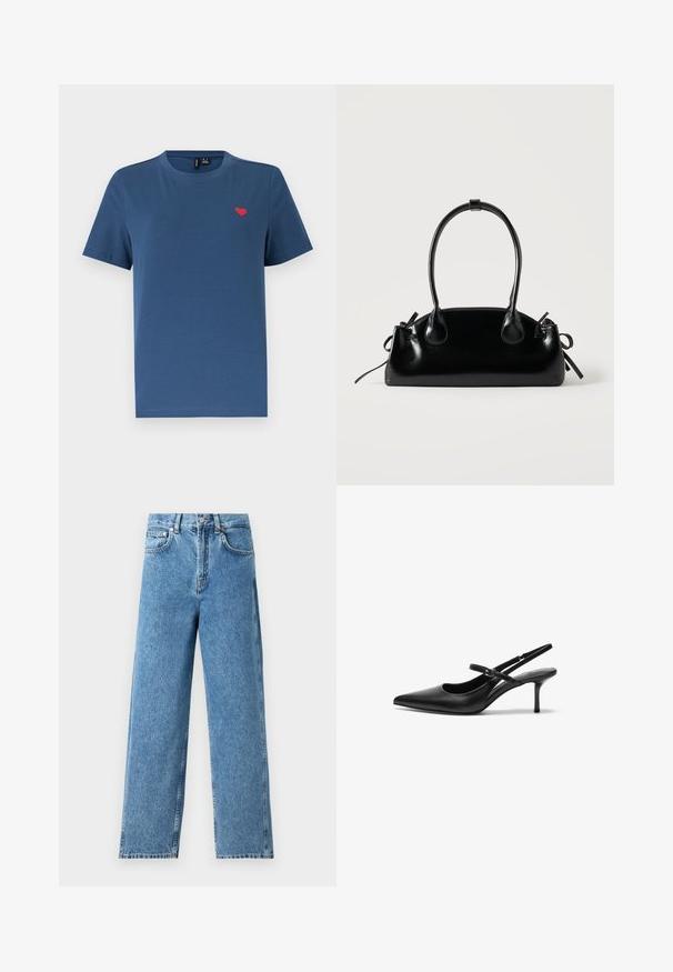 Blå kortærmet T-shirt med rund hals og et lille rødt hjerteemblem på venstre bryst mod en ensfarvet hvid baggrund.; Lysblå lige ben jeans lavet af denim, med høj talje, frontknaplukning og fem-lomme design med synlige sømme.; Sorte læder slingback hæle med spids tå, slank justerbar rem og en stiletto hæl på cirka 5 cm, glat tekstur.; Lille sort blank håndtaske med to lange håndtag og snøre-detaljer i siden på en ensfarvet lys baggrund.